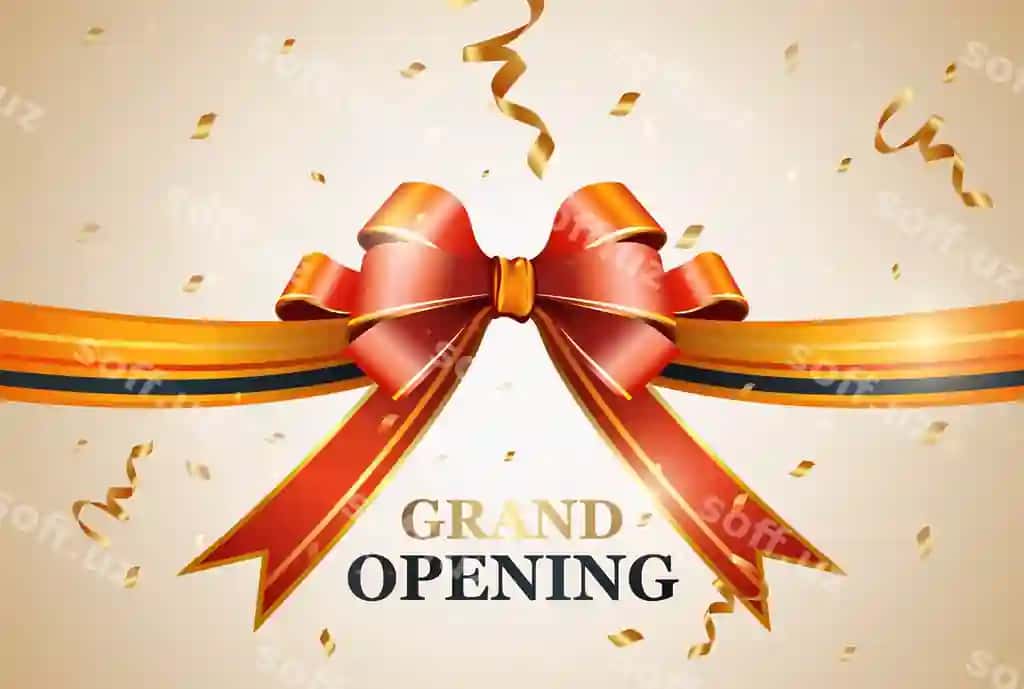 Katta ochilish taklifi poster dizayni rangli ko'rsatma illustratsiyasi | Grand opening invitation poster design colorful display illustration