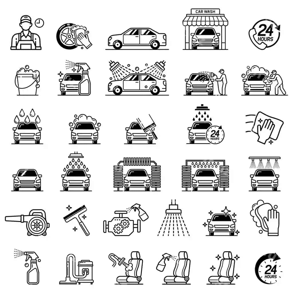 Mashina yuvish xizmati do'kon chiziq san'ati ikon uslubi | Car washing service shop line art icon style