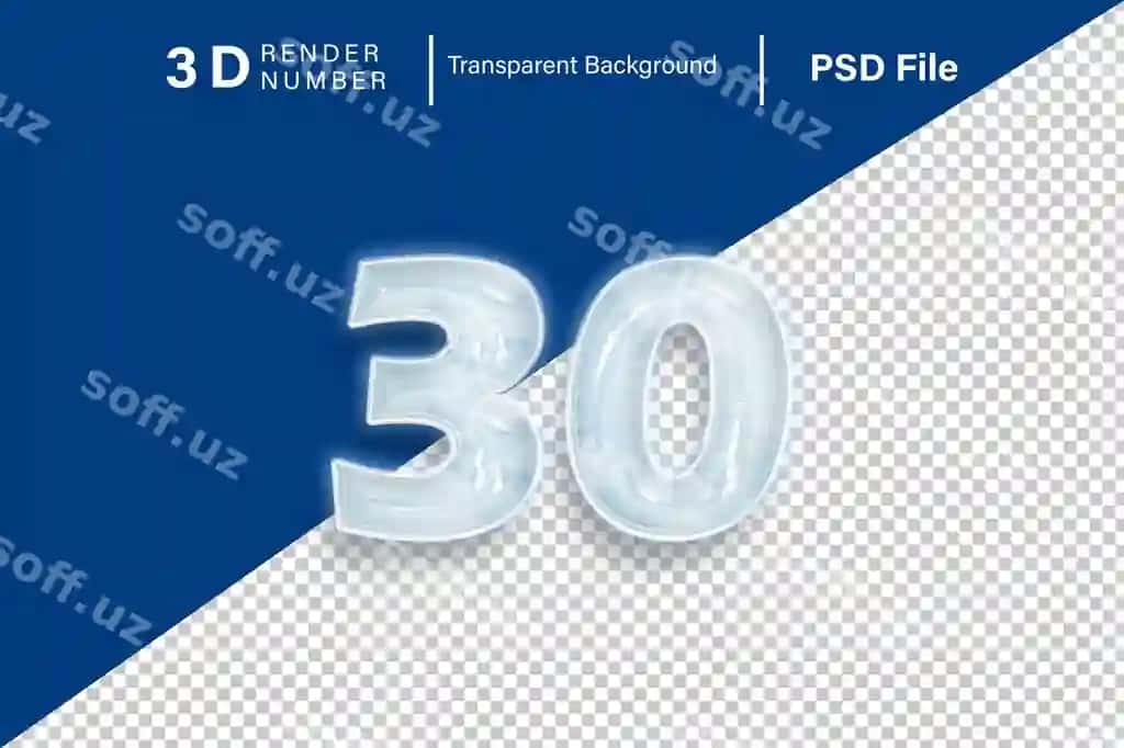 3D o'ttiz raqam 30 qor rangli ajraltirilgan shaffof fonda | 3d thirty number 30 snow color isolated transparent background