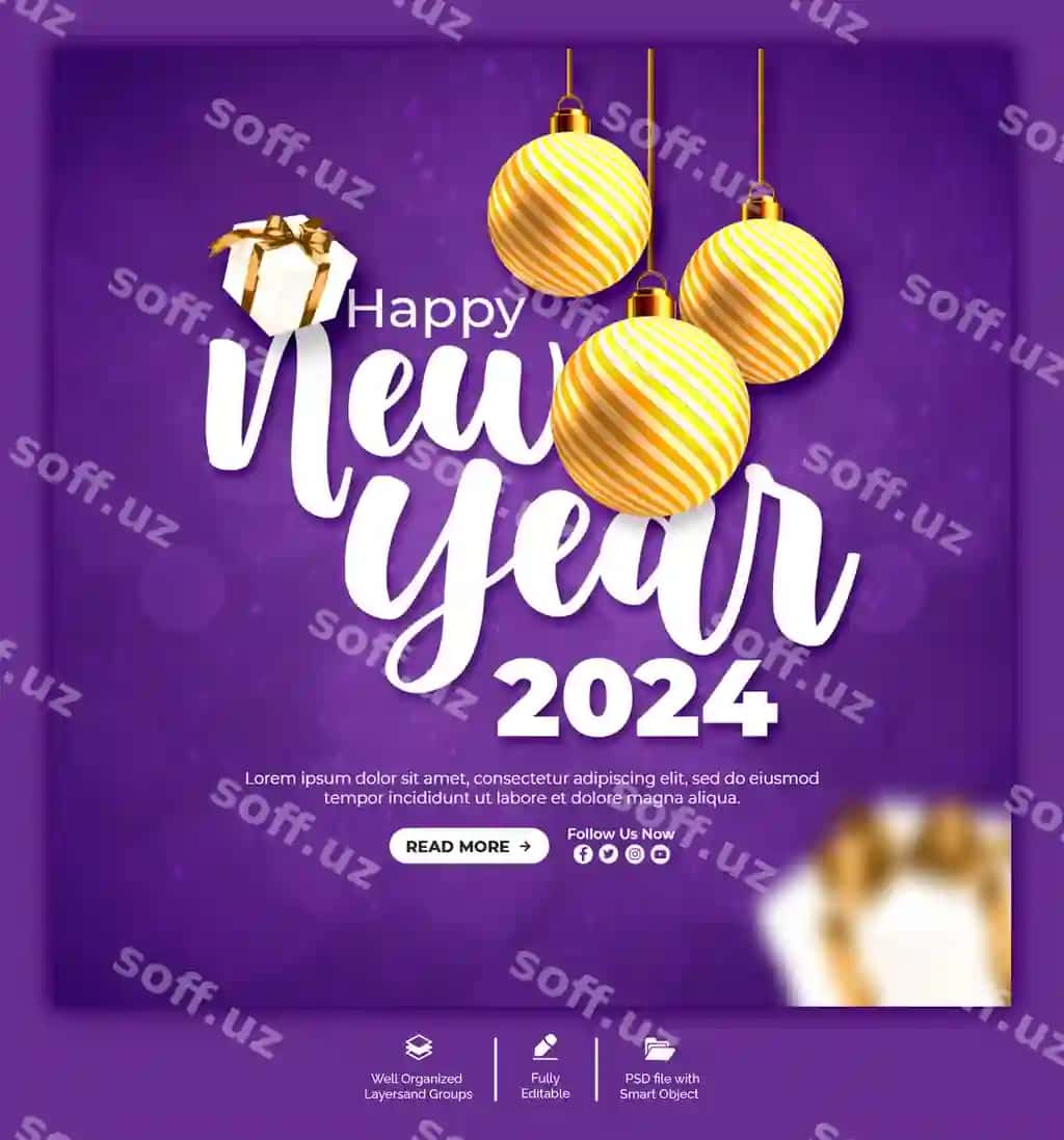 Psd 2024 Baxtinga yangi yil Ijtimoiy tarmoqlar uchun shablon | Psd 2024 happy new year social media template