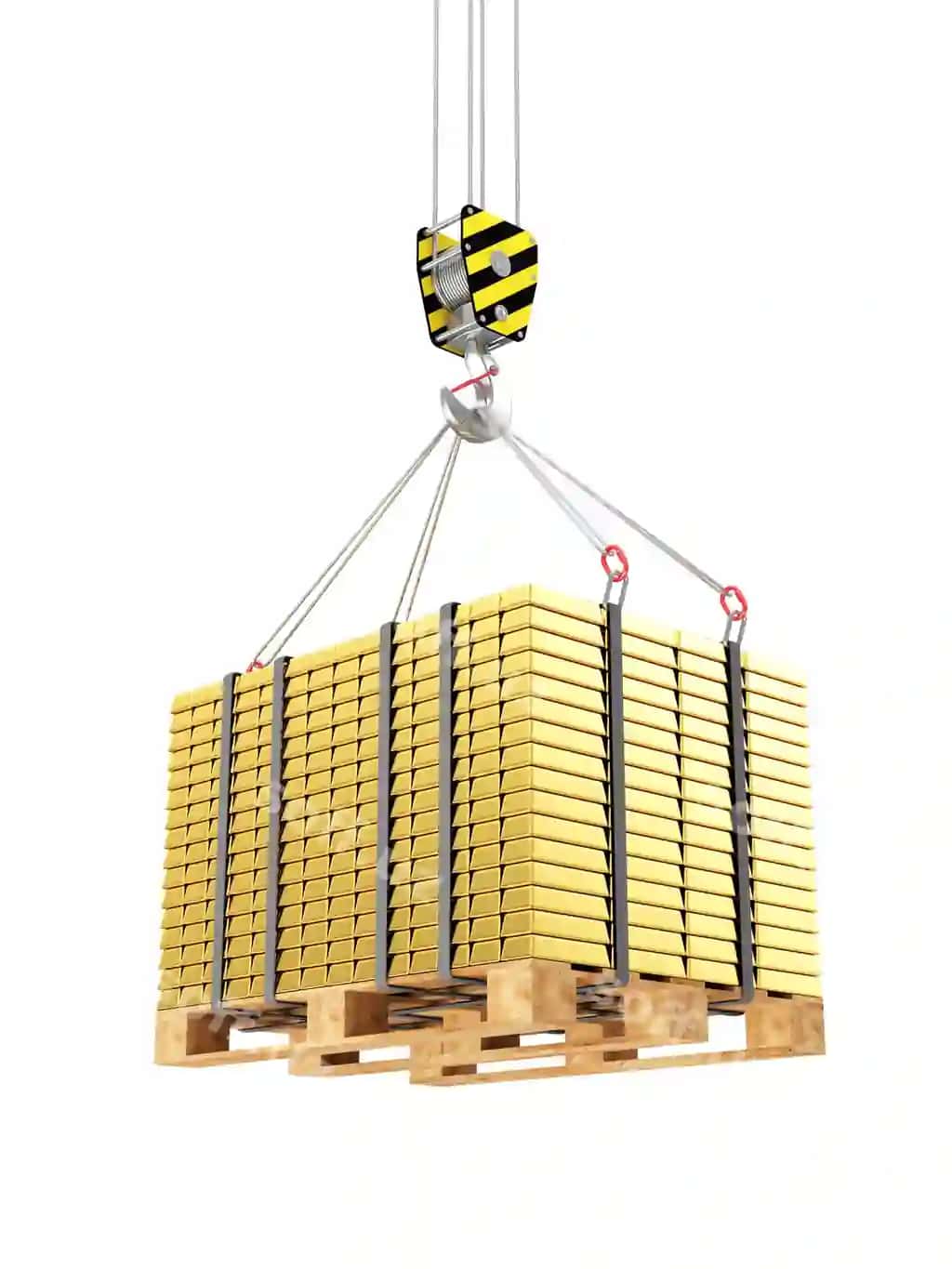 Kran qozon yog'ochlik palletda yig'ilgan oltin barlar | Crane hook with stacked golden bars wooden pallet 2