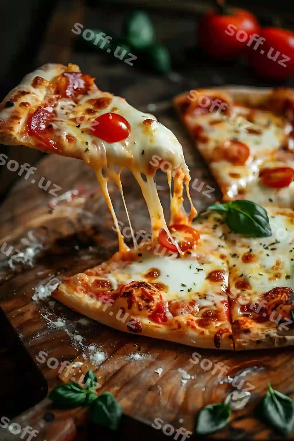 Italiya pitasi yog'och stol dona issiq pizza qozoniq uzilmoqda | Italian pizza wooden table piece hot pizza with cheese stretching 2