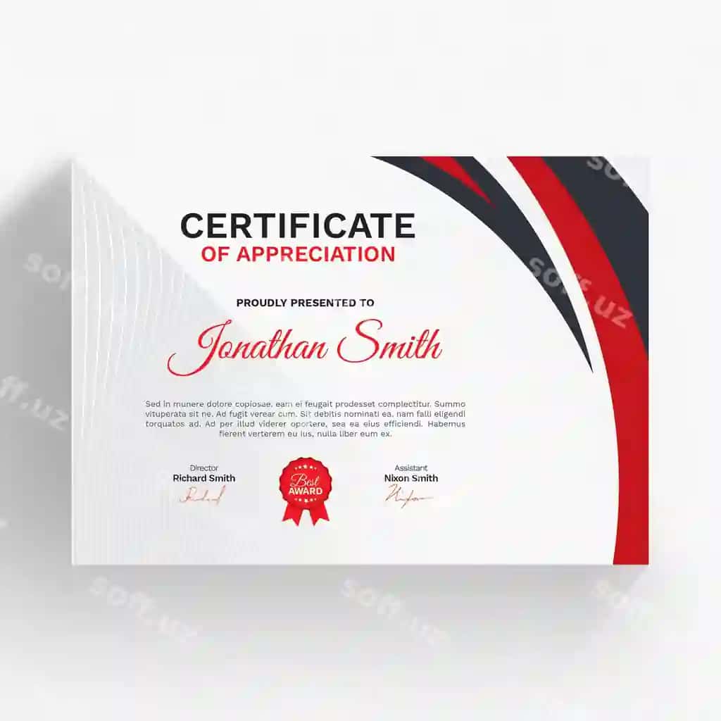 Zamonaviy sertifikat shabloni qizil detallar bilan | Modern certificate template with red details