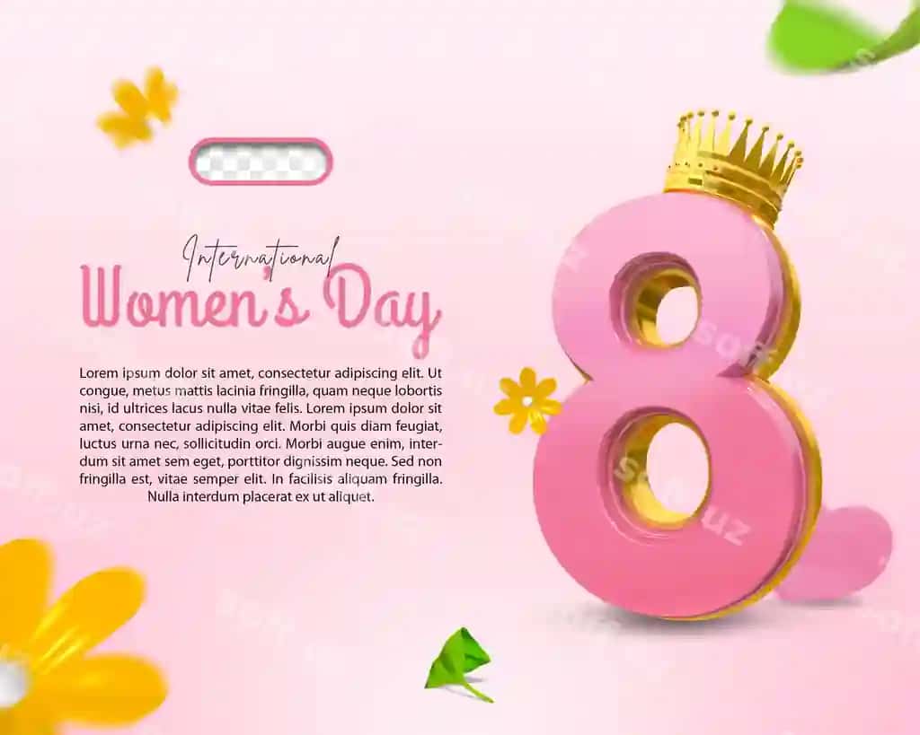 Pushti poster Ayollar kuni gullar bilan oltin safa | Pink poster women s day with flowers gold crown 2