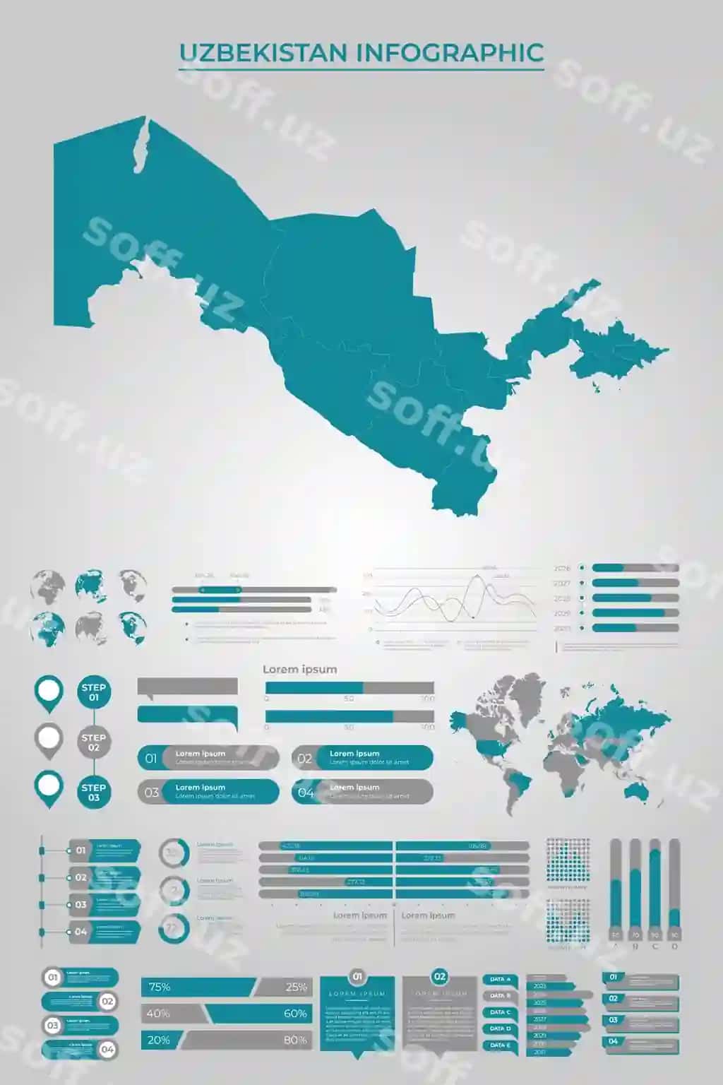 Uzbekiston xaritasi shabloni biznes informasika elementlari bilan | Uzbekistan map template with business infographic elements