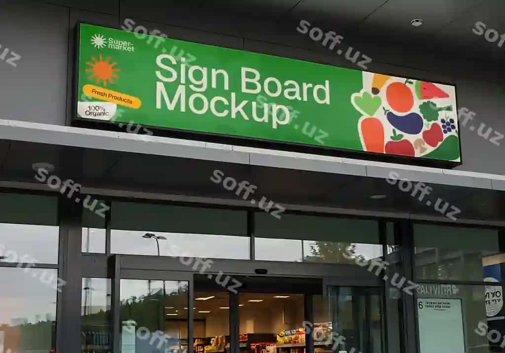 Supermarket belgisining mockup yangi organik mahsulotlar yashil namoyish etilgan | Supermarket signboard mockup fresh organic produce displayed green