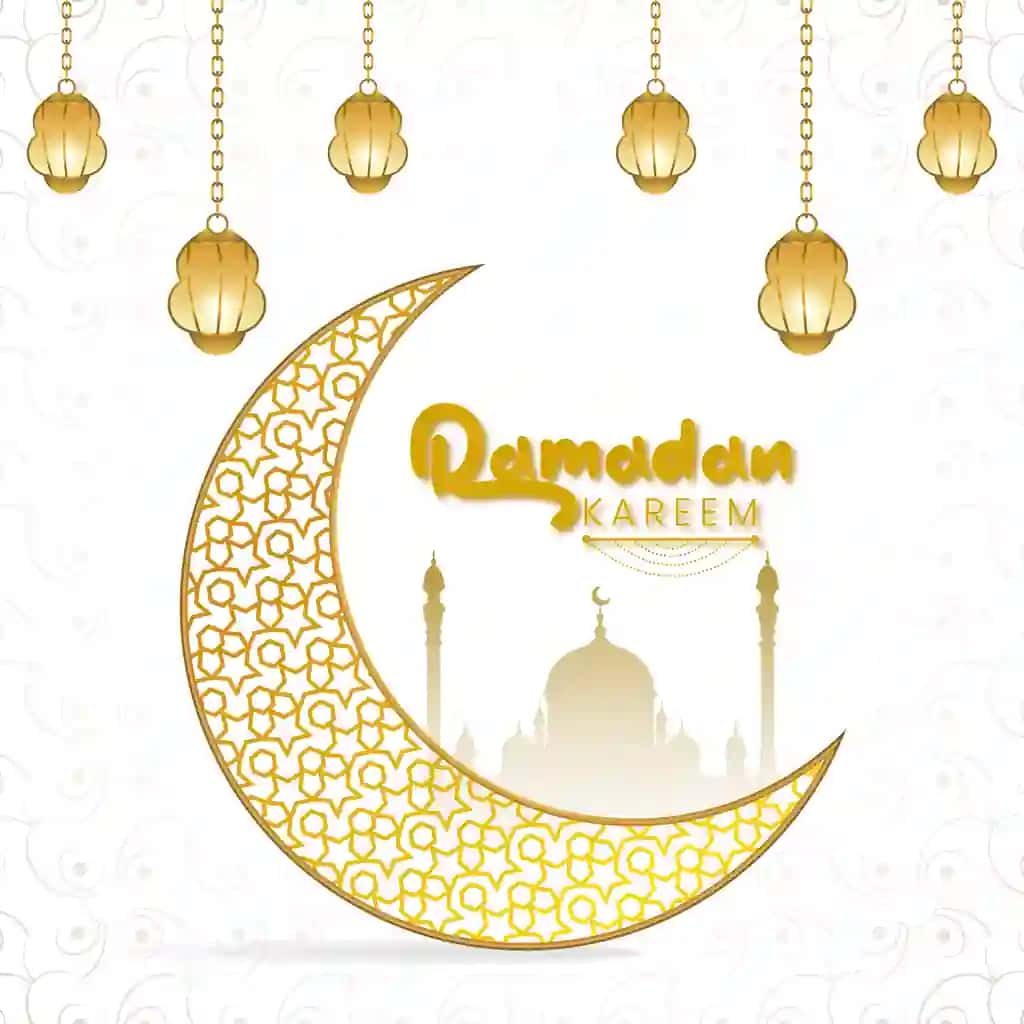 Oq fonda oy yulduzli lampalar bilan Ramazon karim tilaklari | Ramadan kareem wishing design with moon star lamps white background