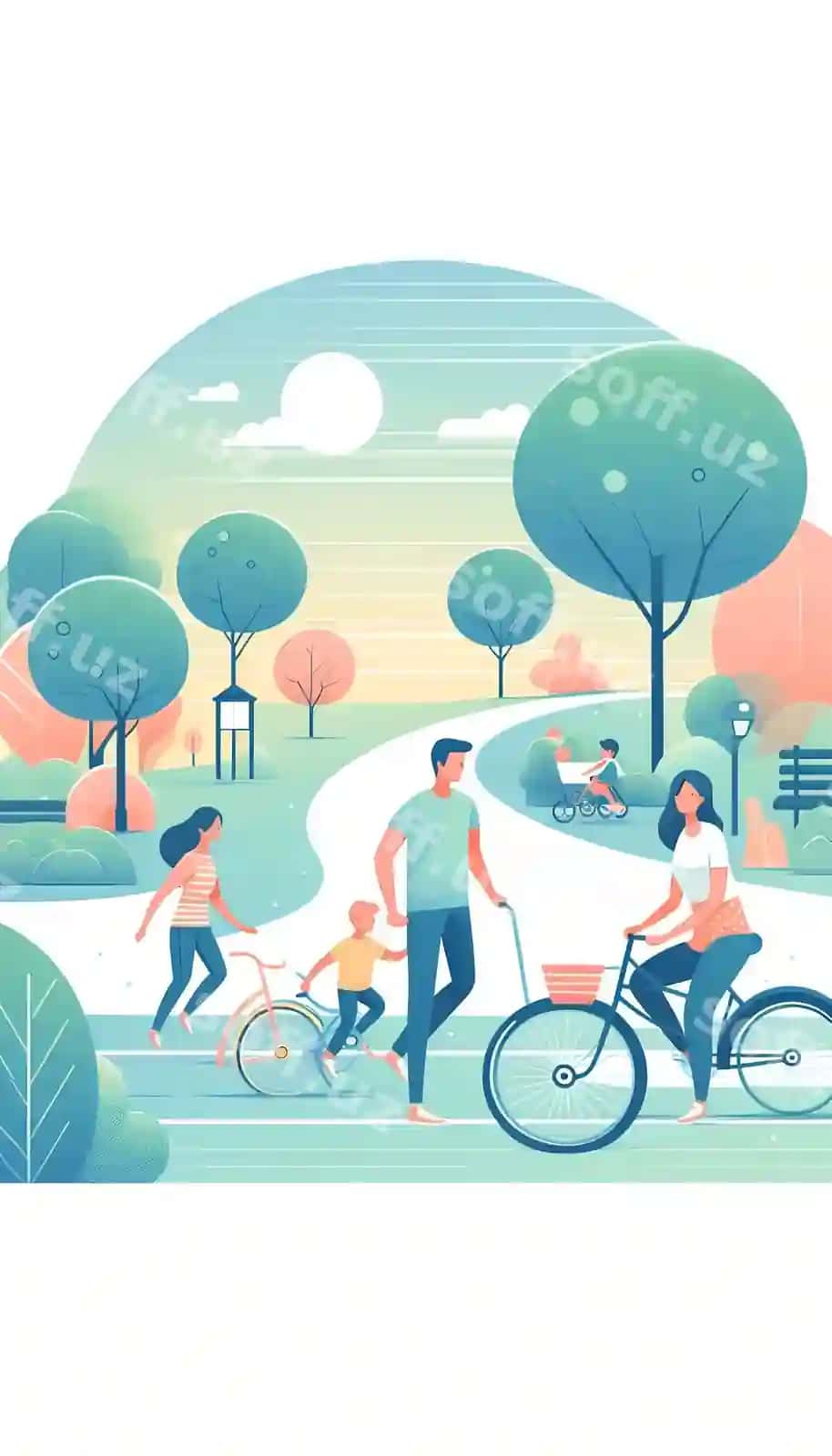 Tekis illustratsiya oilasi uch velosipedda park orqali qora ranglar | Flat illustration family three biking through park dark colors