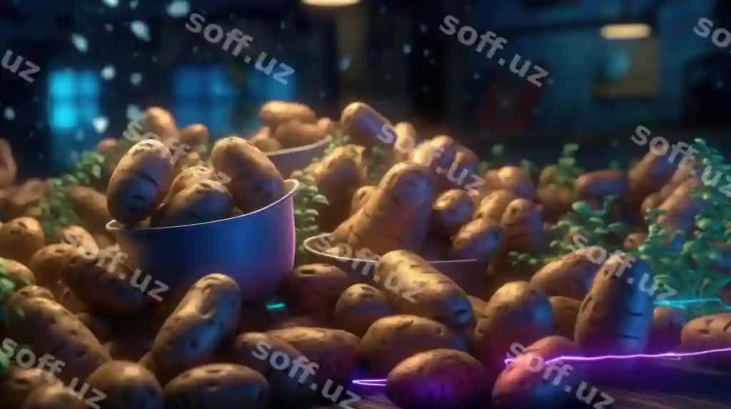 Potetlarning bir guruhida purpurni chiroqka ega. | Bunch potatoes with purple light them 2