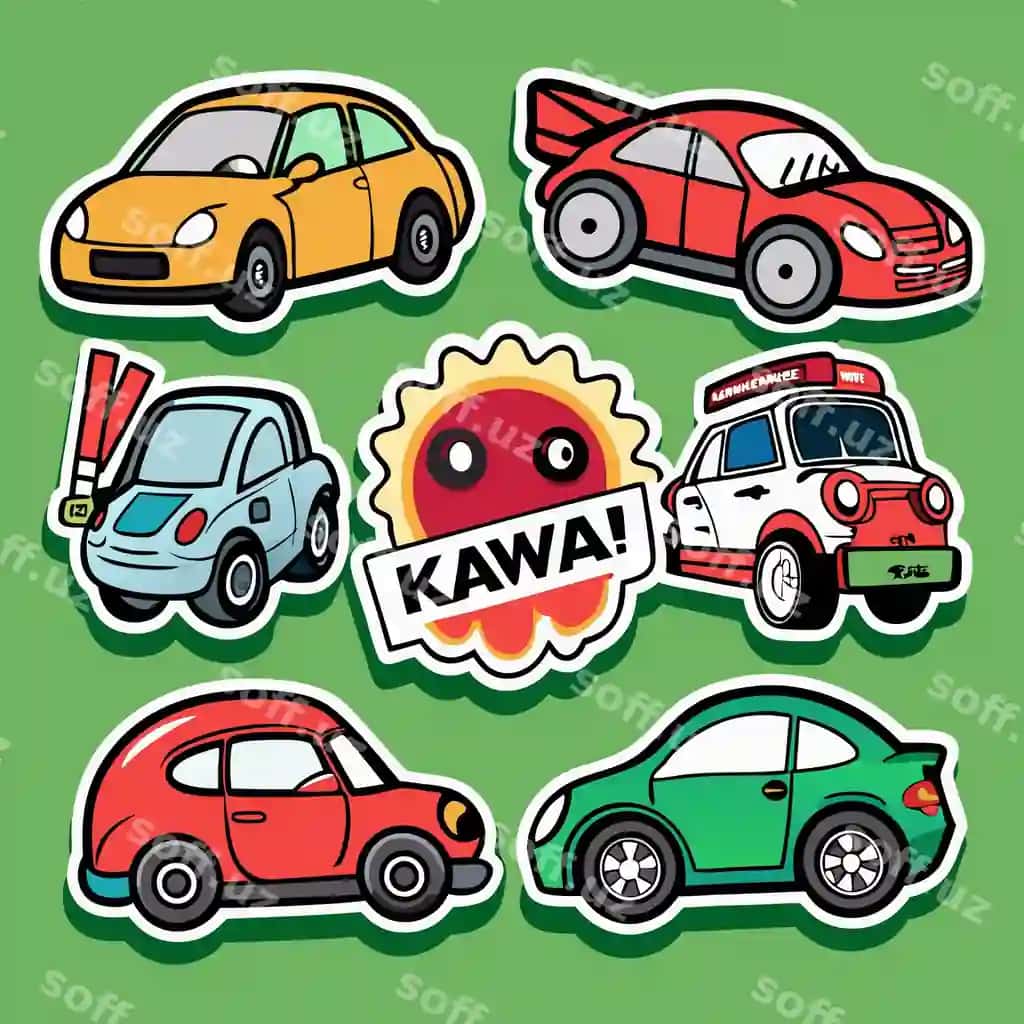 Olti karyokat mashinalari turli ranglardagi dizaynlar kawaii stiker markazli | Six cartoon cars different colors designs with kawaii sticker center