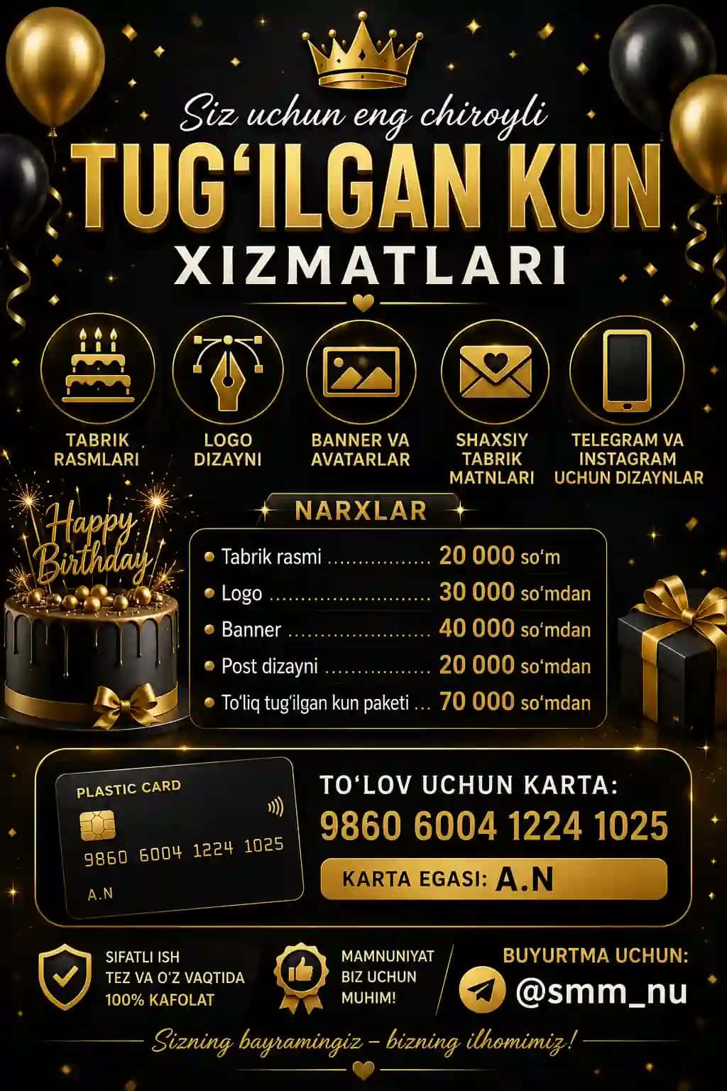 Tugulgan kun va dizayner xizmatlarmizni taklif qilamiz