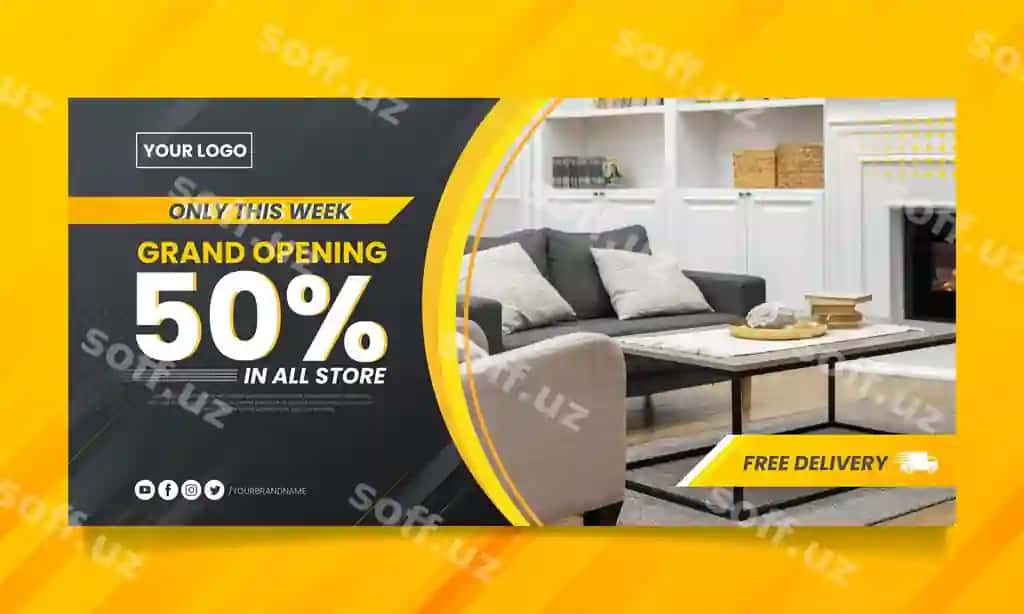 Gradientli mezel sotuvi baneri foto bilan | Gradient furniture sale banner with photo