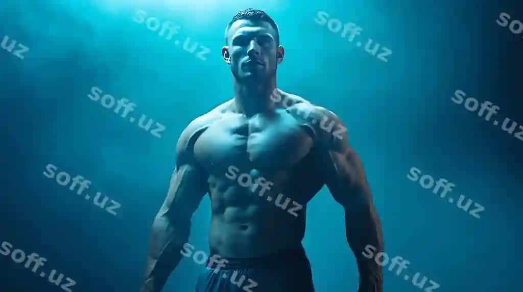 Kuchli erkak ko'k fon oldida turibdi. | Muscular man stands front blue background