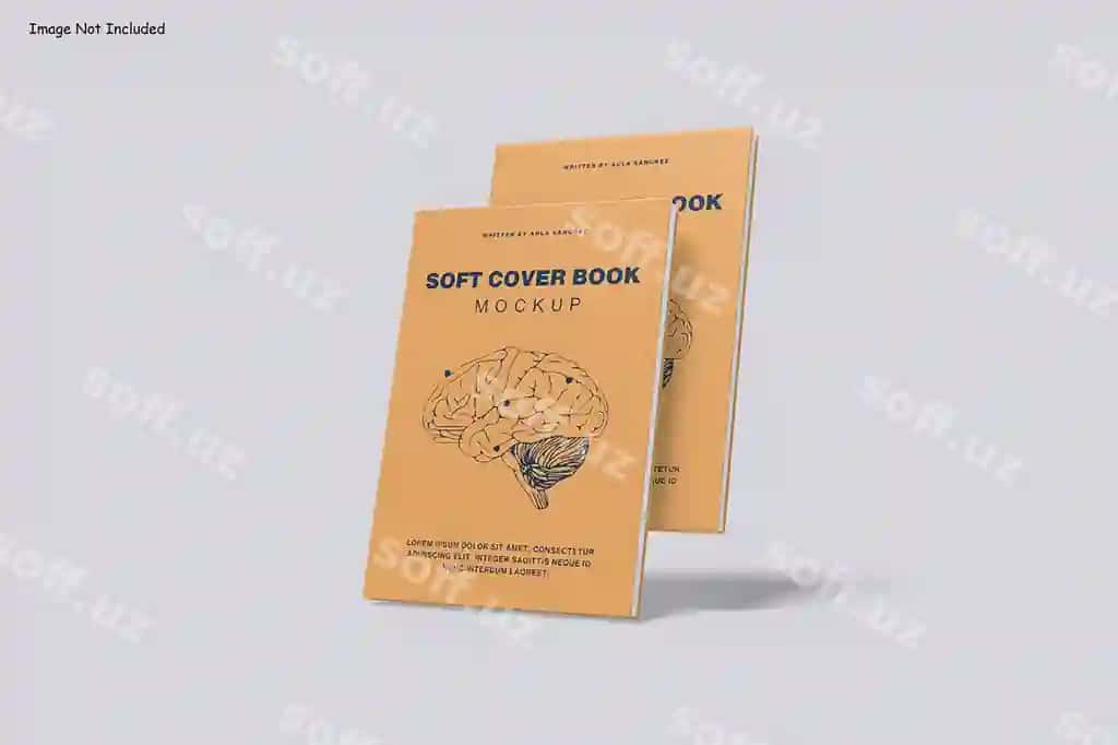 Yumshoq muqova kitob namunasi, bosh qoratinga chizma bilan | Soft cover book mockup featuring brain illustration