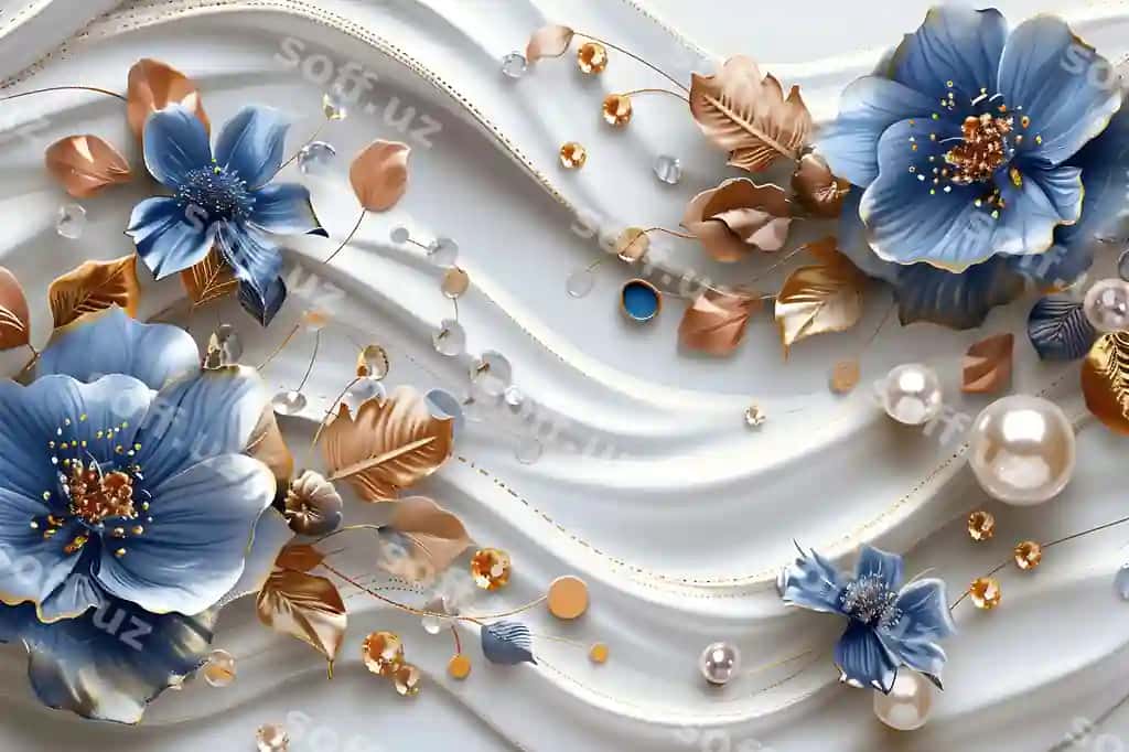 Oq altin dizayn gullar bilan, oq fonda | White gold design with flowers white background