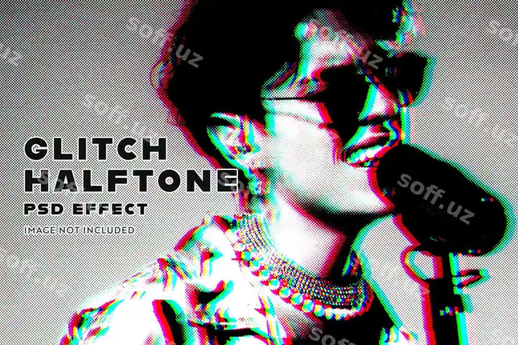 Glitsh halftone psd rasm effektasi | Glitch halftone psd image effect 2