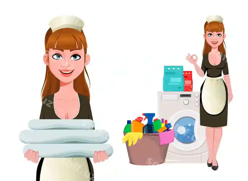 Xizmatchi tozalovchi ayol guladi tozalovchi ayol | Maid cleaning lady smiling cleaning woman