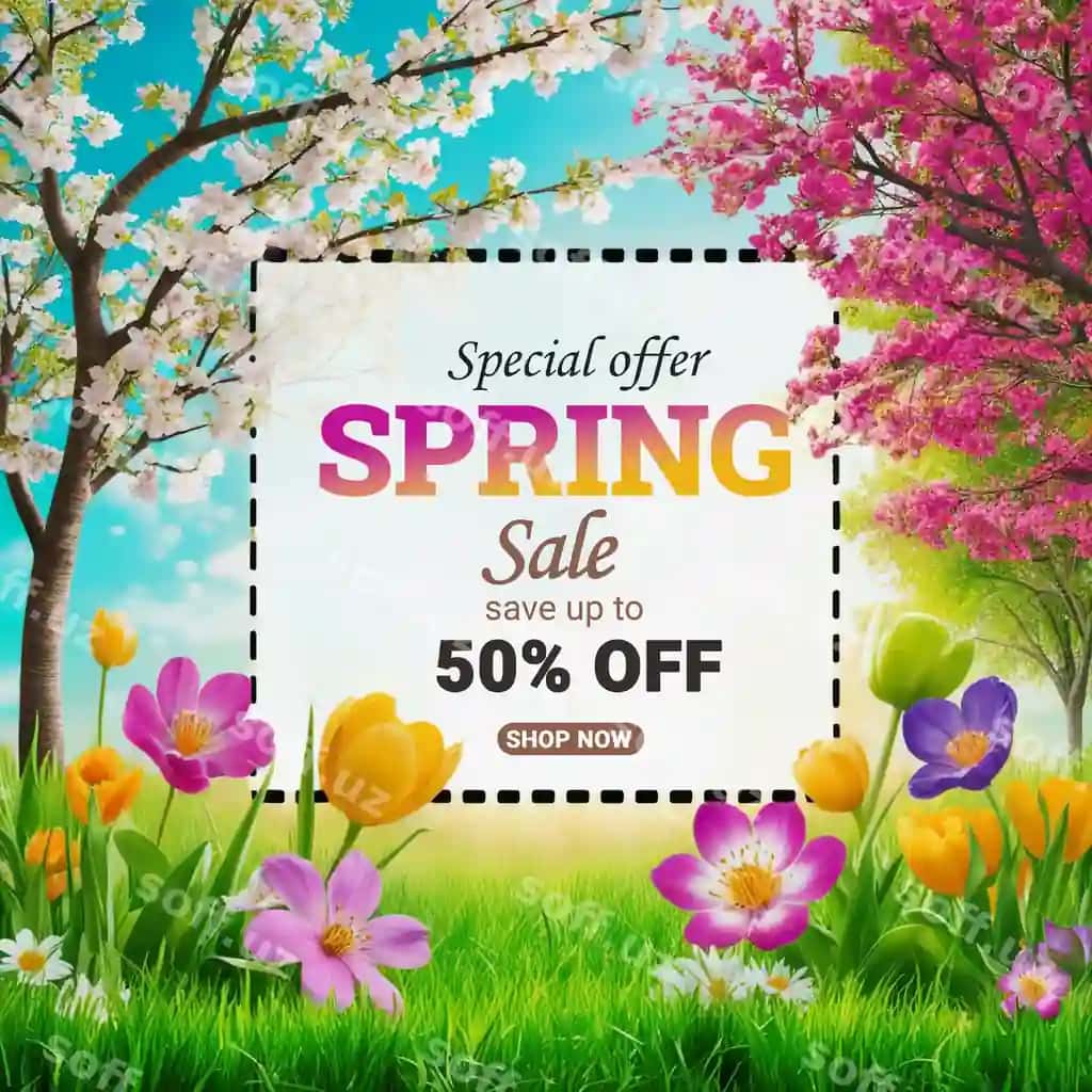 Bahor sotuvi maxsus taklif ijtimoiy tarmoqlardagi e'lon dizayni | Spring sale special offer social media post design