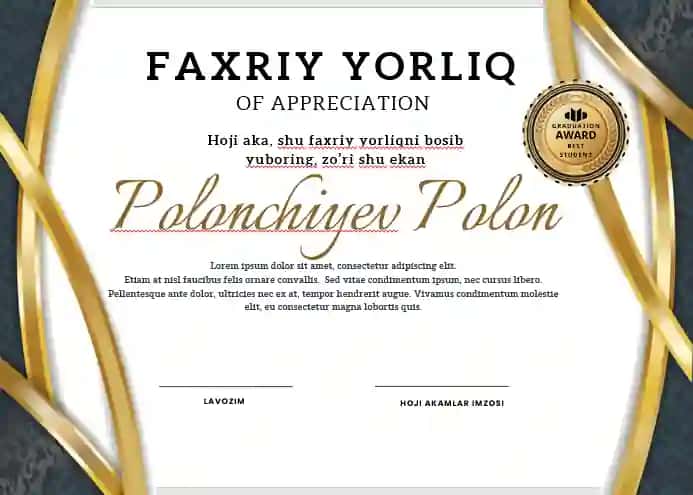 Faxriy yorliq shablon tayyori andoza