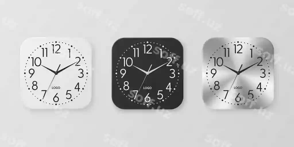 Vektor 3-o'lchovli realistik oq qora kumtir kvadrat devor ofis soati | Vector 3d realistic white black silver square wall office clock 2