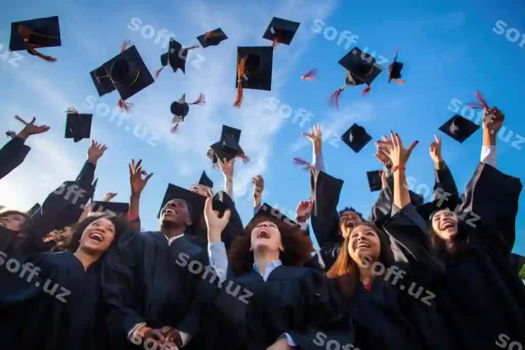 Guruh bitiruvchilar atayotgan kvadrat akademik shlyapa osmon | Group graduates throwing square academic cap sky