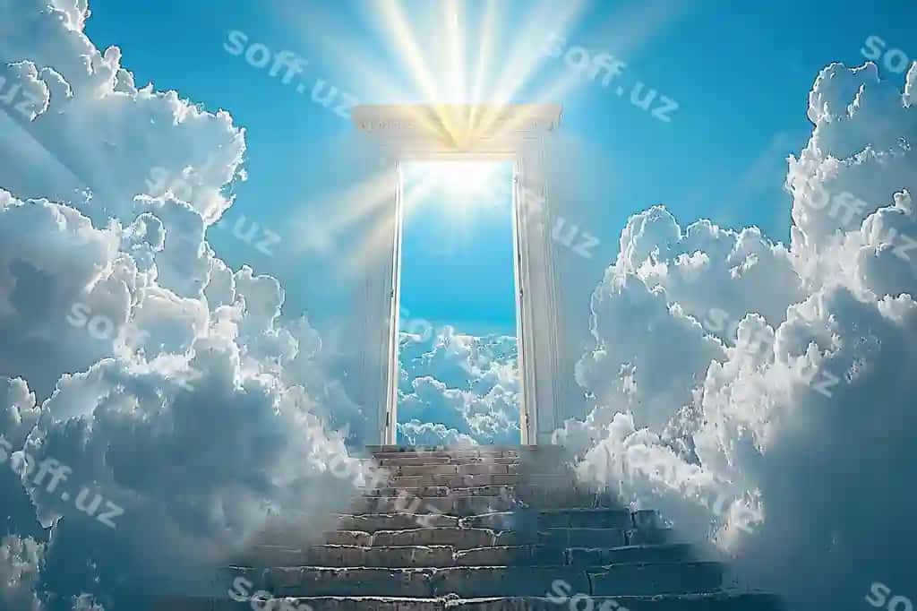 Foto ochiq eshik jannatga olib boruvchi, oq bulutlar bilan yorqin sohil yorqinlashuvchi | Featuring photo open door leading heaven with white clouds rays light shining dow