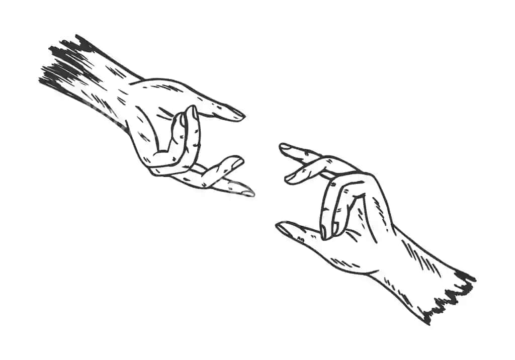 Ikki qo'l bir-birlariga uzatilgan chizish tushunchasi qora chegara vektori | Two hand reaching out each other drawing concept black outline vector