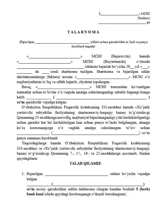 Talabnoma bajarilgan ishlar yuzasidan to'lovlarni undirish yuzasidan