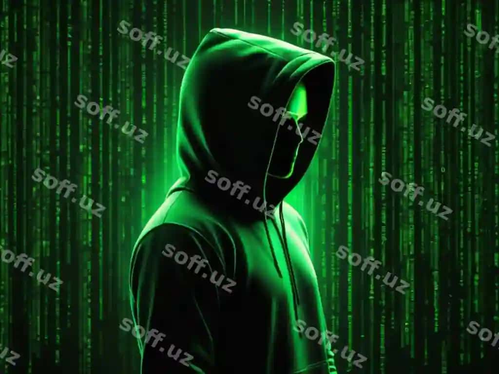 Cyber xavfsizlik hakeri ikilik fonda | Cyber security hacker with binary background 2