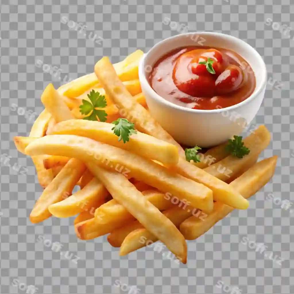 Yangi kartoshka fri sos bilan shaffof orqa fonda | Fresh potatoes fri with souce transparent background