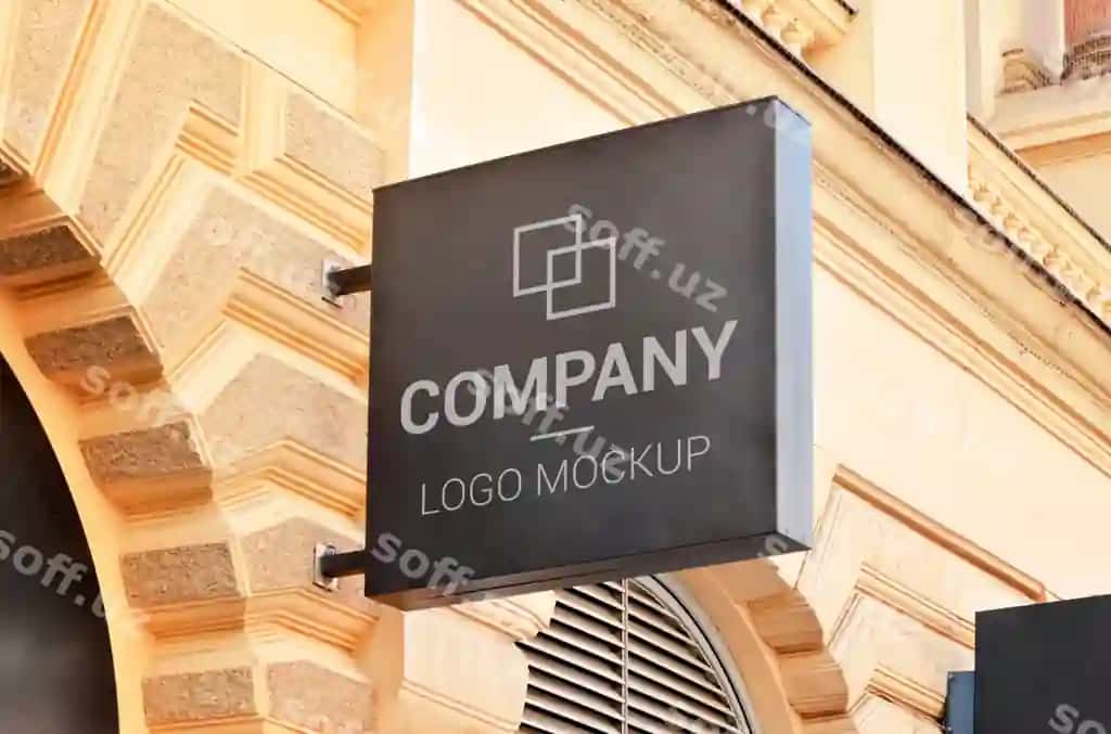 Oddiy do'kon iSHORAT namunasi kvadrat shakl zamonaviy shahar binosi orqa fonda | Simple store signage mockup square shape modern city facade background