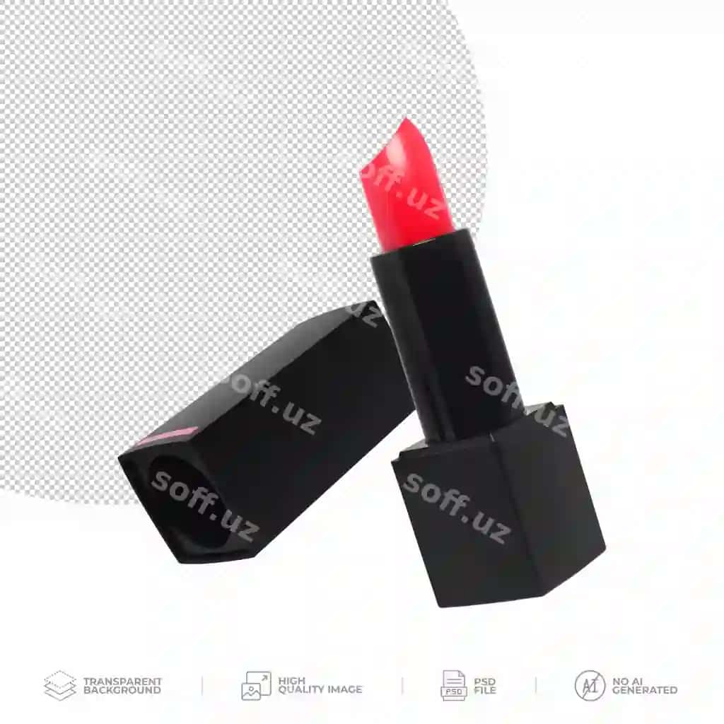 Qizil lipstik qora tub uchishchi shaffof fonda psd | Red lipstick black tube flying transparent background psd