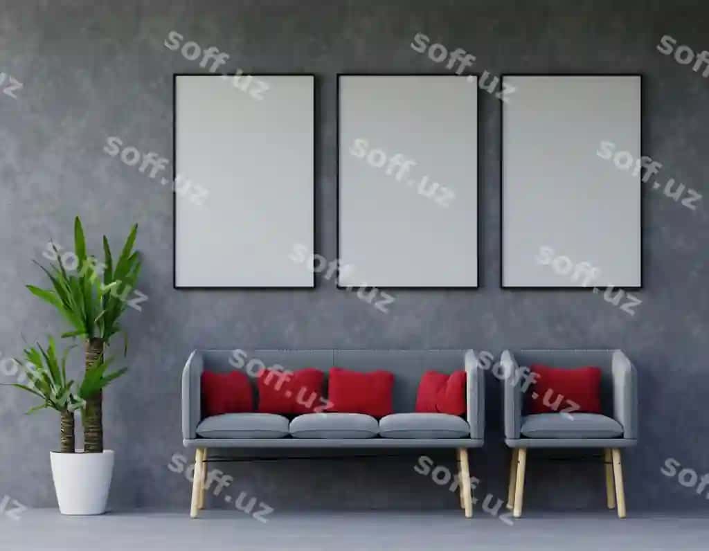Zamonaviy loft betonli otish zali divan mebel guruh rasm ramkasi devor 3d render | Modern loft concrete living room with sofa furniture group picture frame wall 3d render