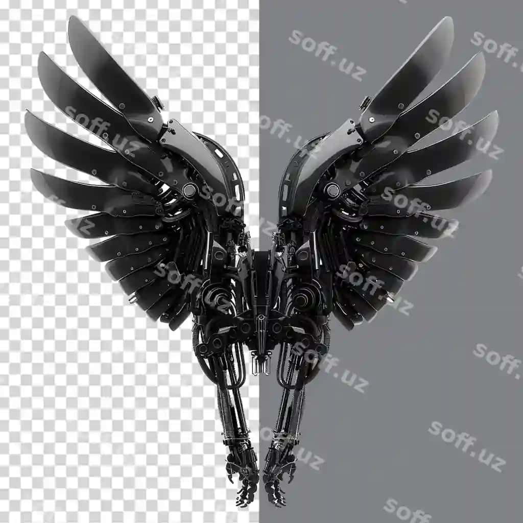 Qora robot sayralari ajraltirilgan shaffof fonda | Black robot wings isolated transparent background