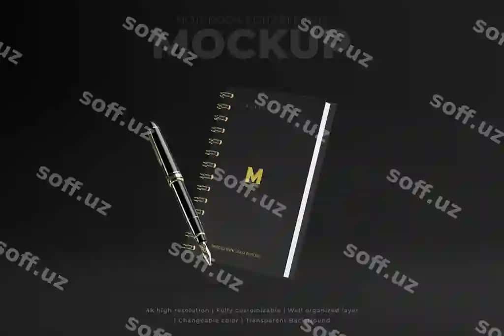 Hashm qora daftar modeli oltin bosilgan effektli logotip brendirovka | Luxury black notebook mockup with gold debossed effect logo branding