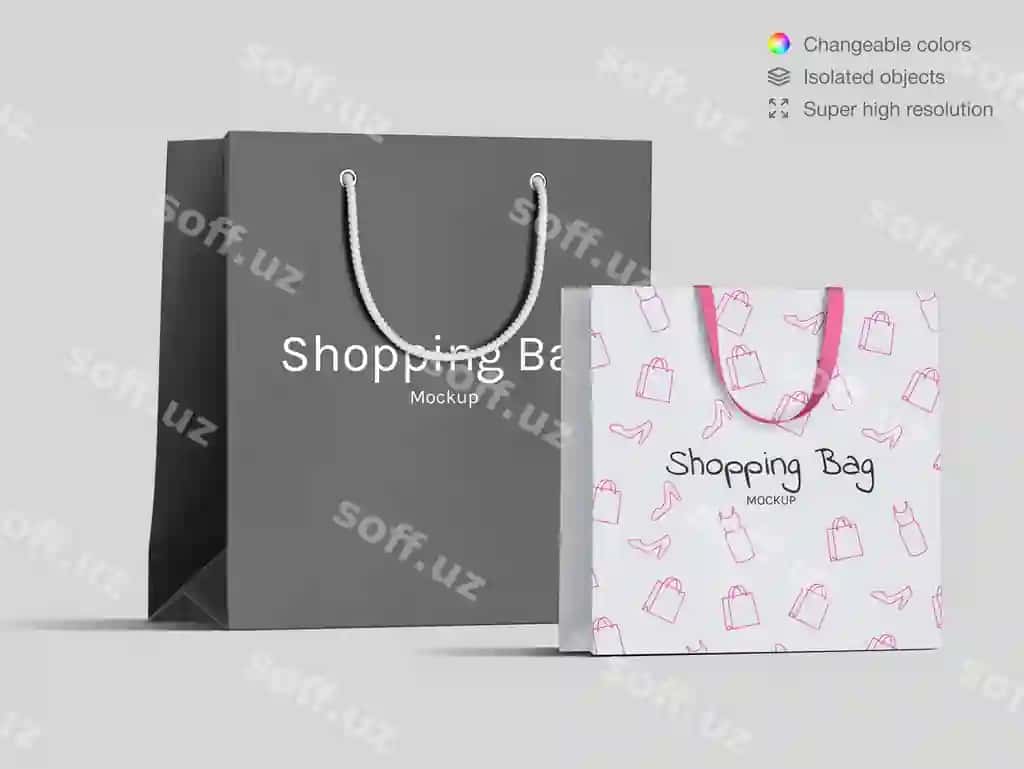 Ikki realistik oldindan ko'rinish xarid qog'oz baglari mockup shablon | Two realistic front view shopping paper bags mockup template