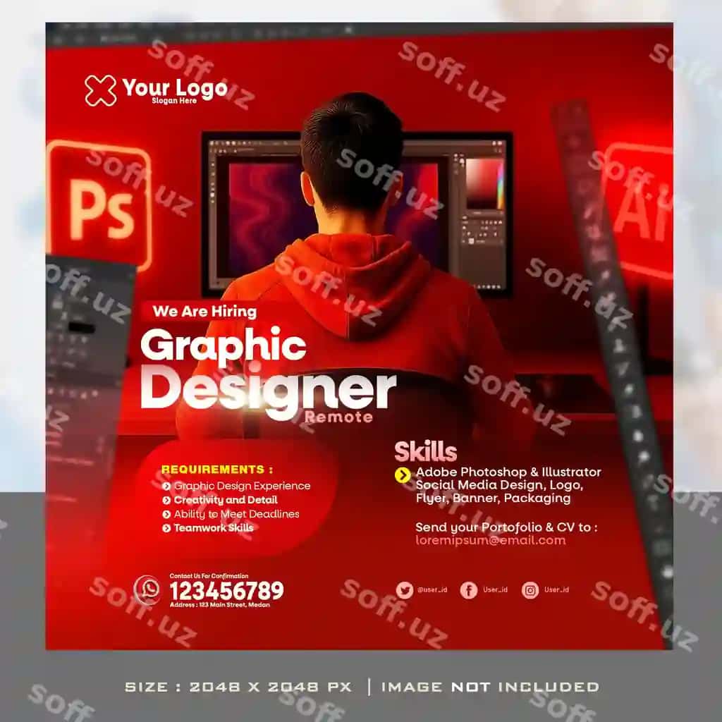 Grafik dizayner bo'sh ish o'rinlari e'loni ijtimoiy tarmoqlar poster banner | Graphic designer job vacancy advertisement social media poster banner