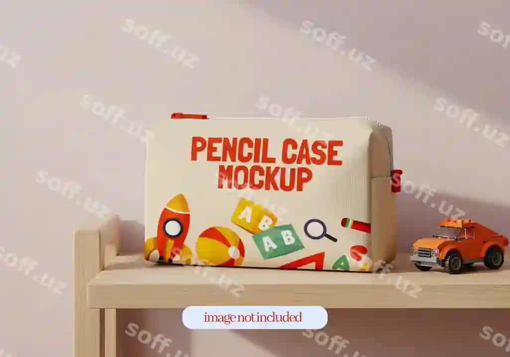 Jigarrang qalamdaftar mockup boyicha rangli o'yinchoq dizaymlari miniyatura o'yinchoq | Beige pencil case mockup with colorful toy designs miniature toy 2