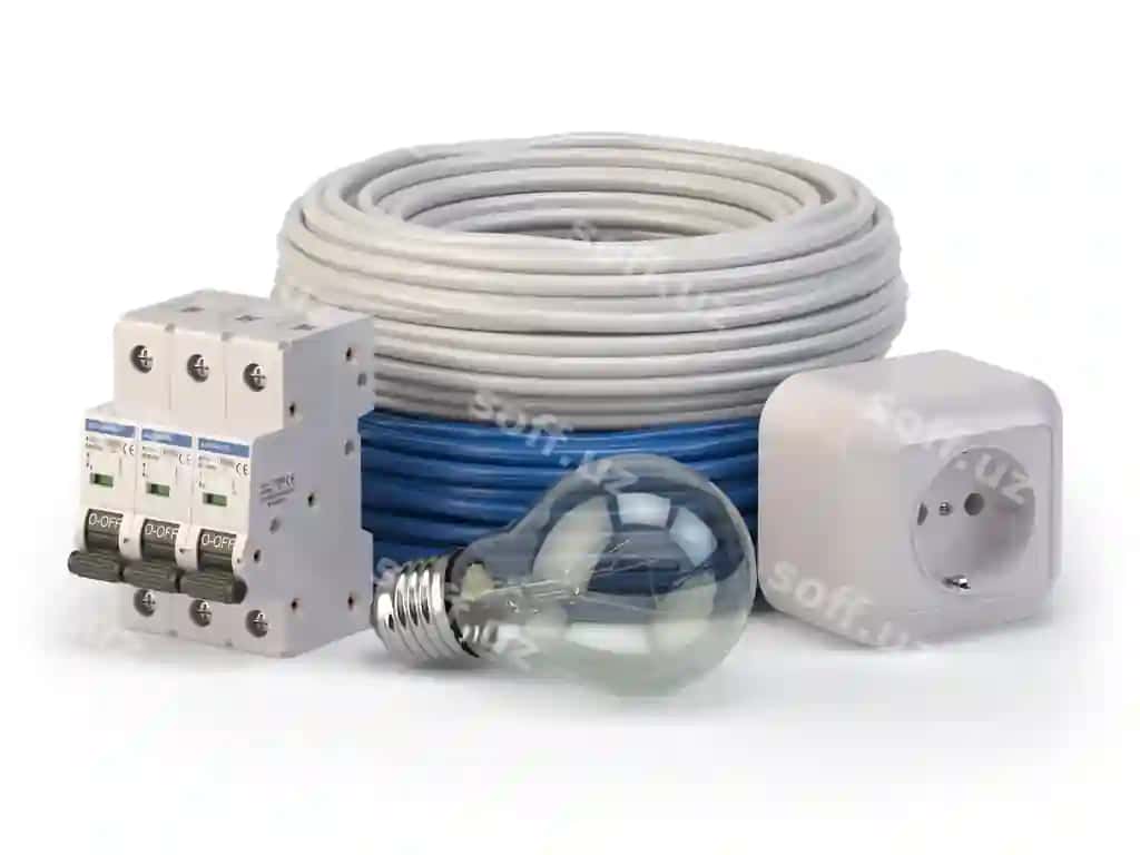 Elektrik kabel, lampochka, avtomat qozg'altir, rozetka ajraltirilgan oq fonda elektrik komponentlari asboblari | Electric cable laight bulb circuit breaker socket isolated white background electric components instruments 2