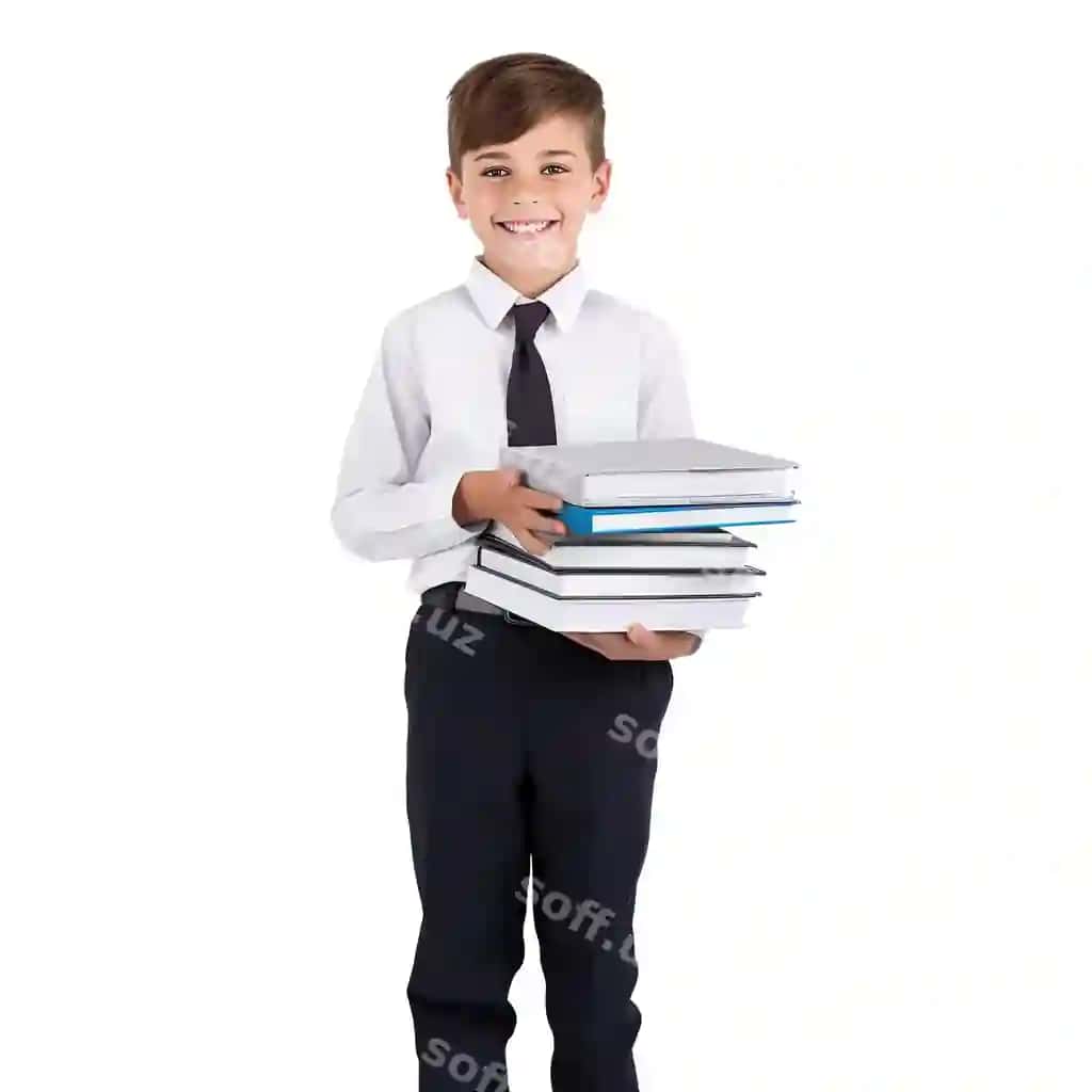 Kichik biznesmen oq fonda izolyatsiya qilingan kitoblar to'plamini olib keladi, AI tomonidan yaratilgan tasvir | Little businessman bring stack books isolated white background ai generated image