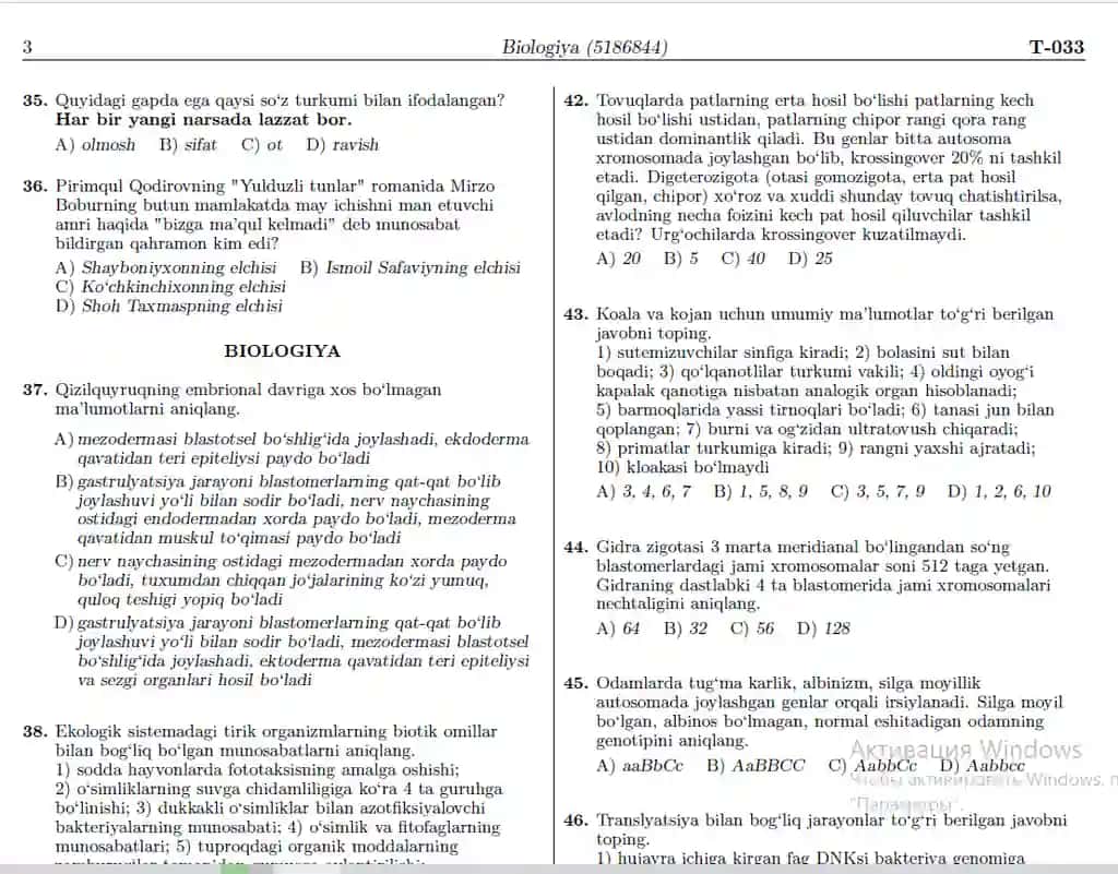 36 talik Biologiya kimyo onatili adabiyot testlar Tibbiyot yo'nalishiga topshiruvchilar uchun testlar
