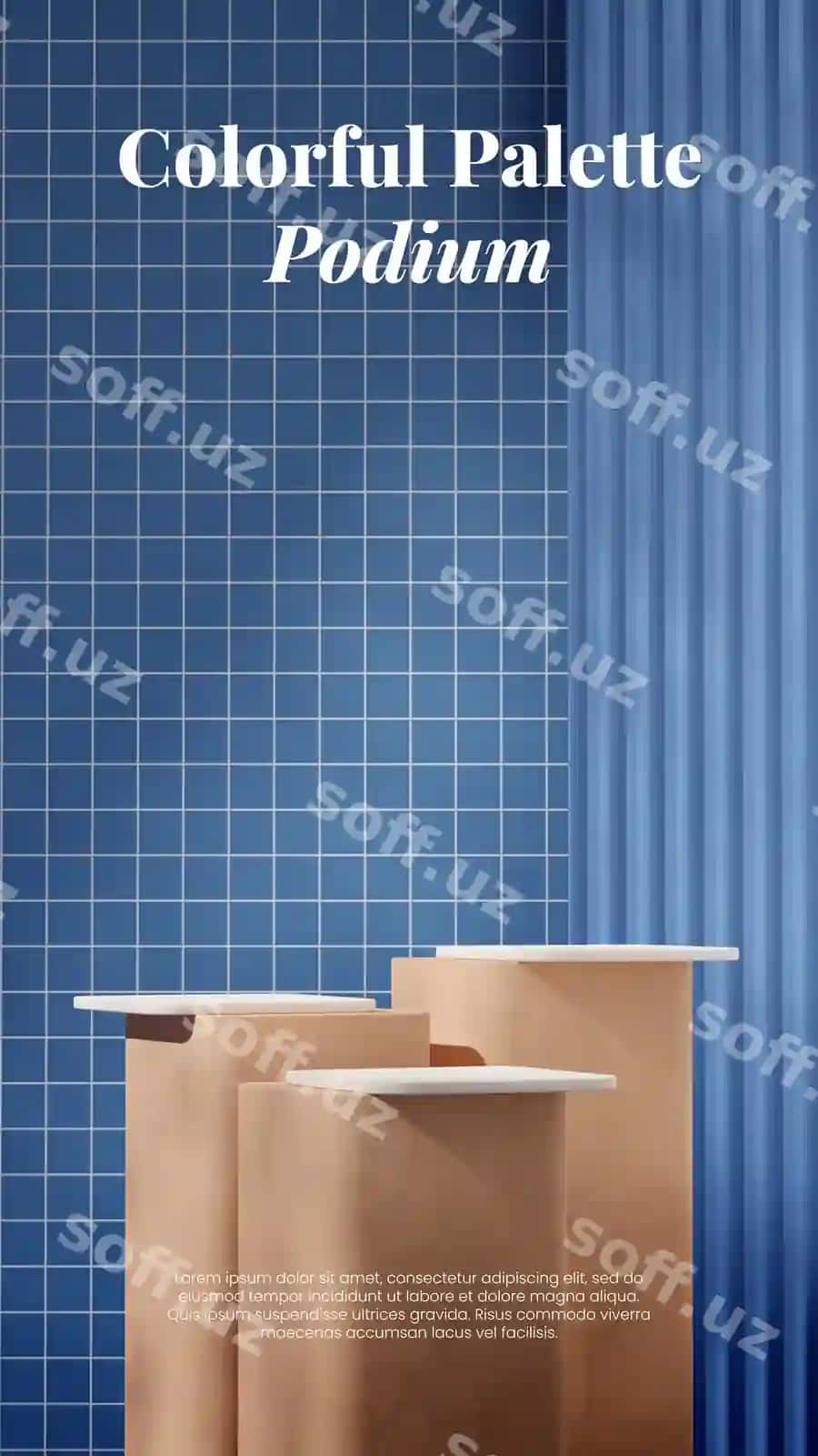 Bo'sh model oq jigarrang teksturali podium portret ko'k gurlovchi devor | Empty mockup white brown textured podium portrait blue tiled wall 2
