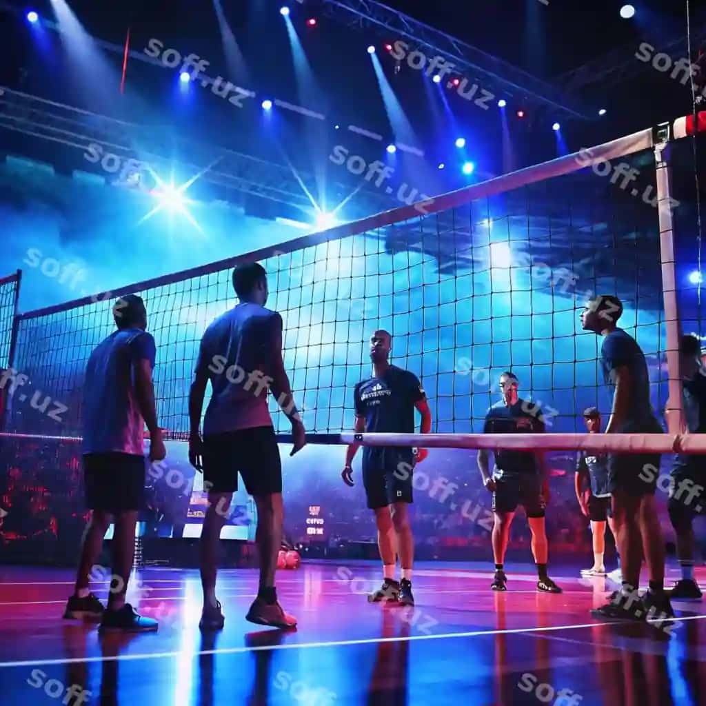 Erkaklar guruh volebol oynayotgan jim, tarmog' foni bilan | Group men playing volleyball gym with net background