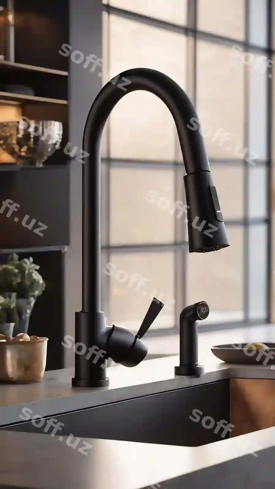 Qora mushta temir chong bilan moda zamonaviy oshxona | Black faucet with steel sink stylish modern kitchen
