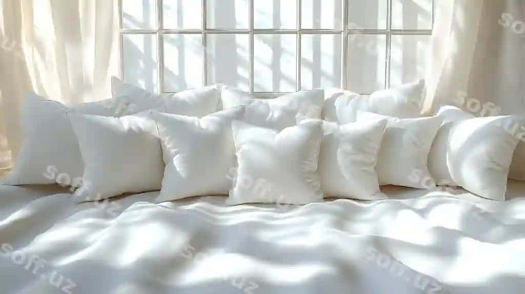 Oq podshoklar, oq yotoq derazdan o'tib ketayotgan quyosh changirligi bilan illustratsiyasi | White pillows white bed with sunlight streaming through window illustration