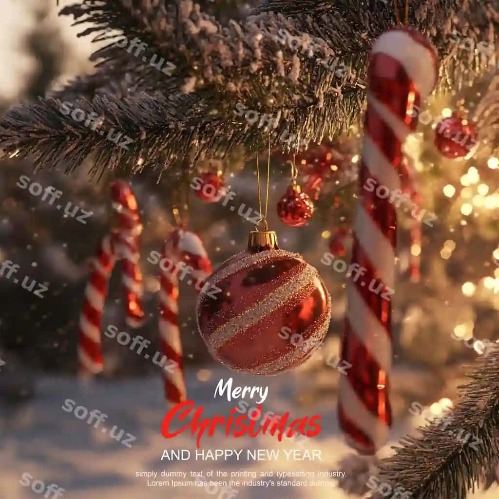 Yangi yil uy siarasi qizil oq qatlamli qirmishli shirinlik qizil Yangi yil | Christmas tree with red white striped candy cane red christmas