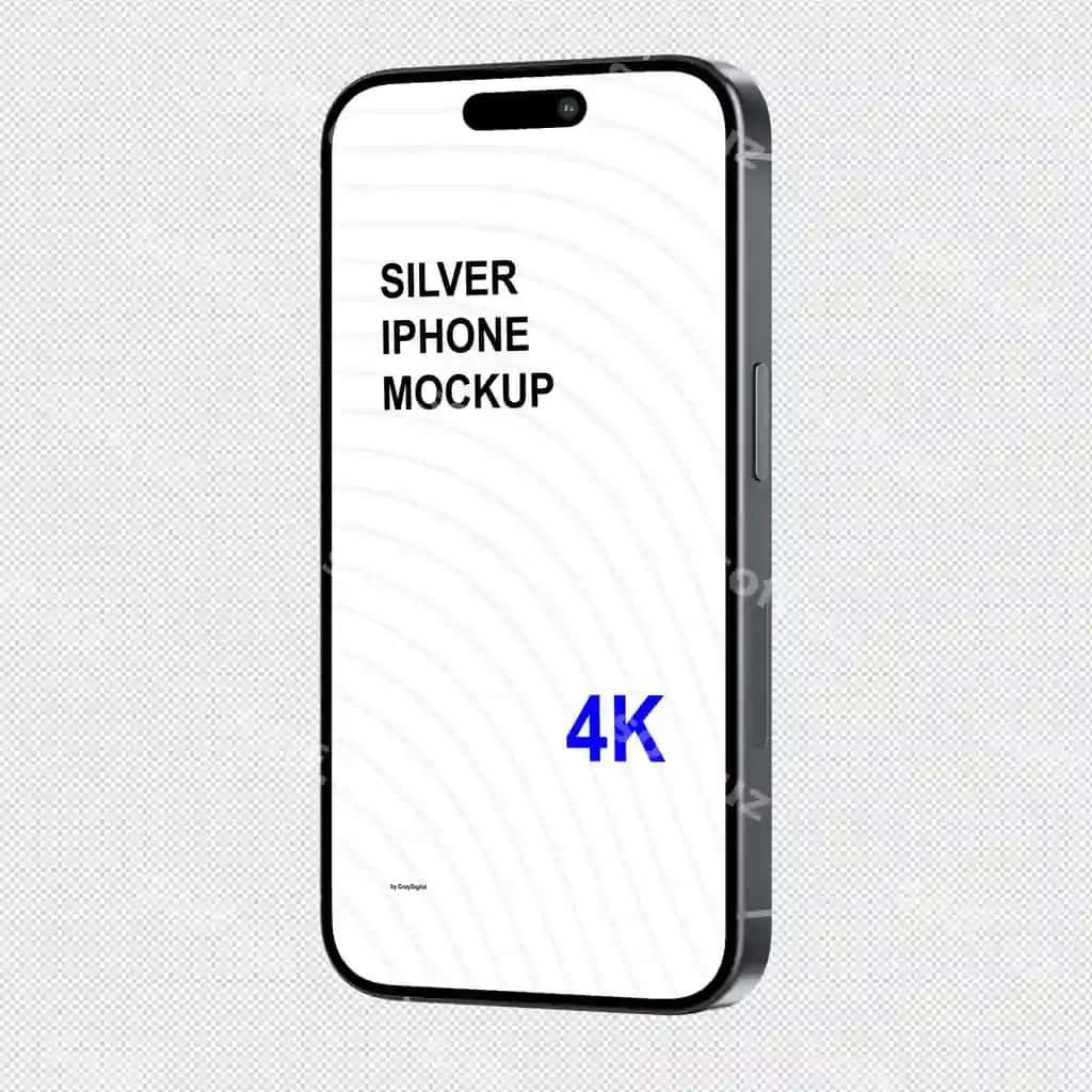 Kumush iphone mockup orqa fonsiz izometric uslubi ko'rinish | Silver iphone mockup without background isometric style view