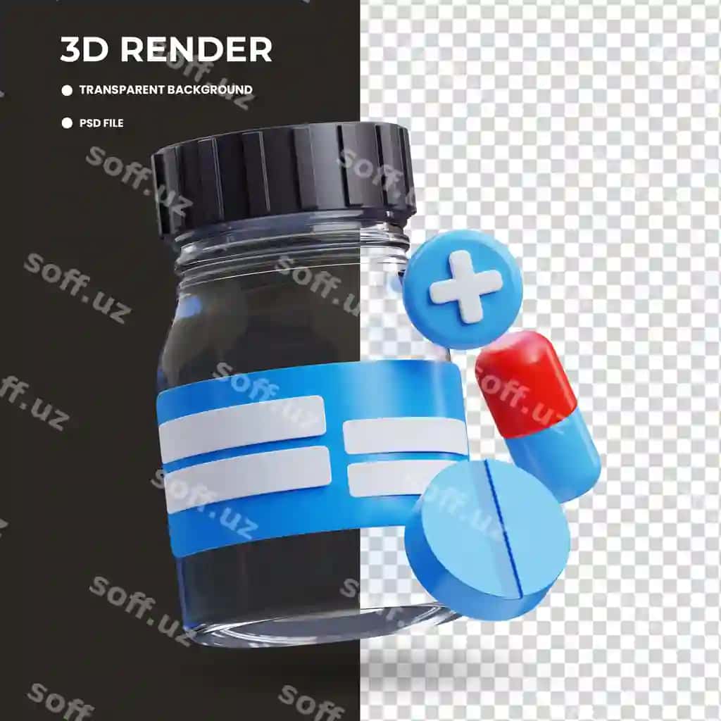 3d render dori shishasi tabletka | 3d render medicine bottle pills 2
