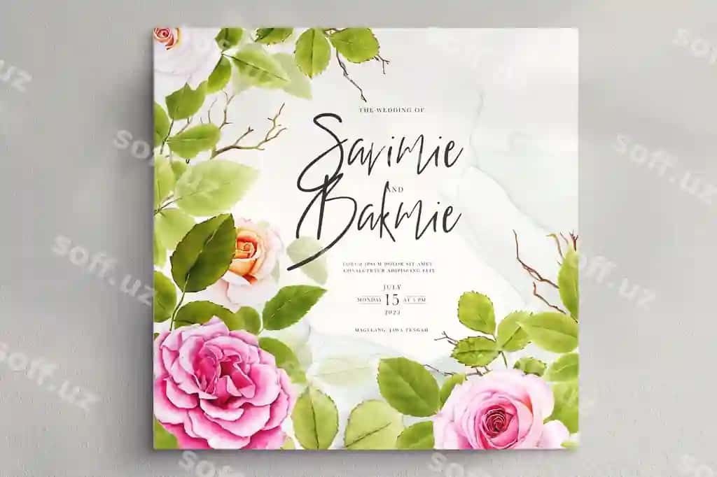 Chiroyli akvarel gullari gurmasi orqa fon dizayni | Beautiful watercolor roses wreath background design
