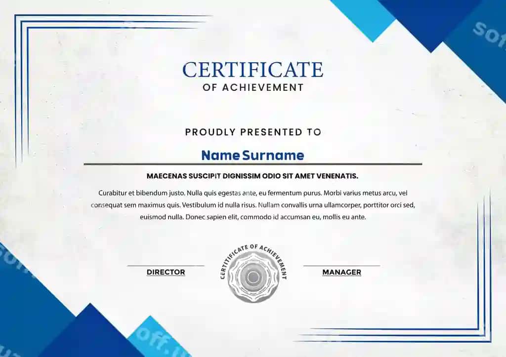 Zamonaviy ko'k oq tasdiq yetkazib berish shabloni | Modern blue white certificate achievement template